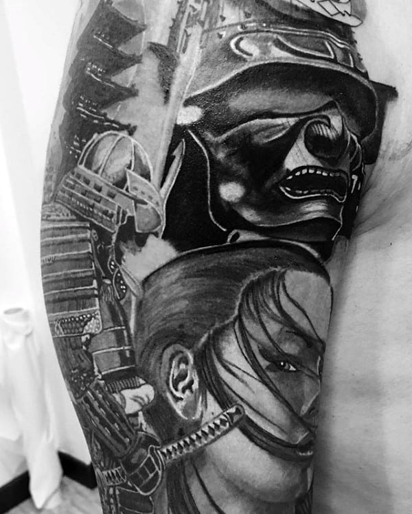 Half Sleeve Samurai Helmet Tattoo For Gentlemen
