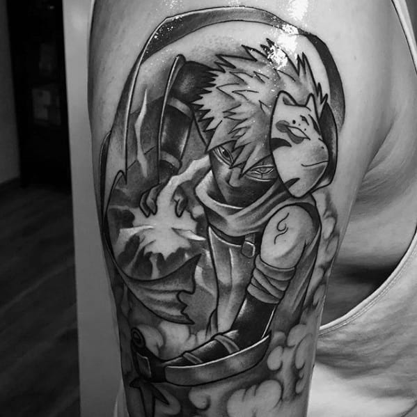 Black and white tattoo of Naruto wielding a sword with a masked face