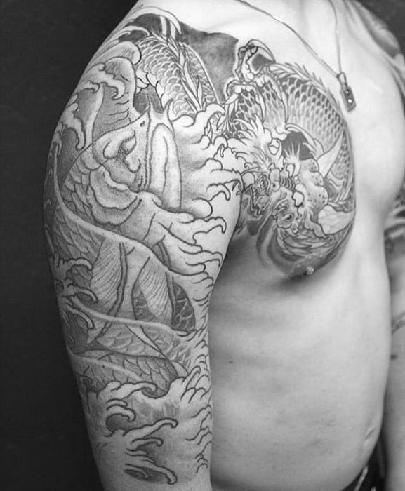 Half Sleeve Shaded Black And Grey Japanese Arowana Male Tattoos
