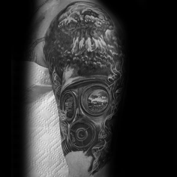 Half Sleeve Shaded Gas Mask Mushroom Cloud Male Tattoos