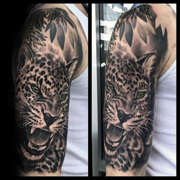 Half Sleeve Shaded Leopard Tattoos For Males