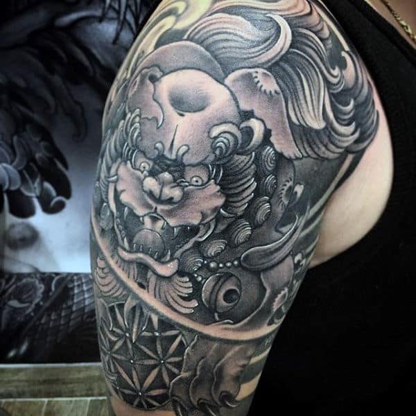 Half Sleeve Shishi Foo Dog Mens Tattoo Ideas