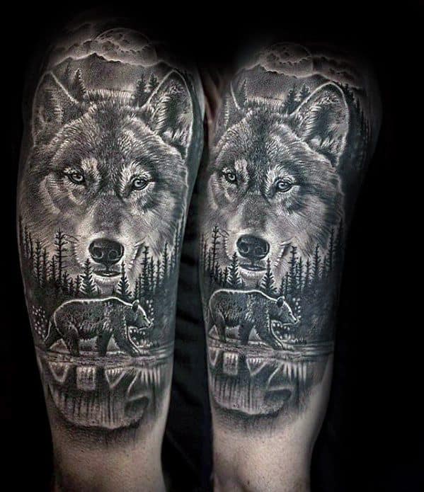 Half Sleeve Sick Wolf With Walking Bear Mens Tattoo Designs