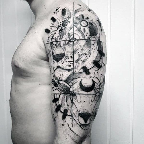 Sheep tattoo integrated below the geometric lion head on upper arm, with moons, bolts, and abstract patterns.