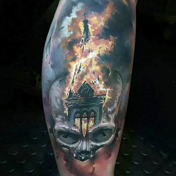 Half Sleeve Skull Building Flames Mens Tattoos