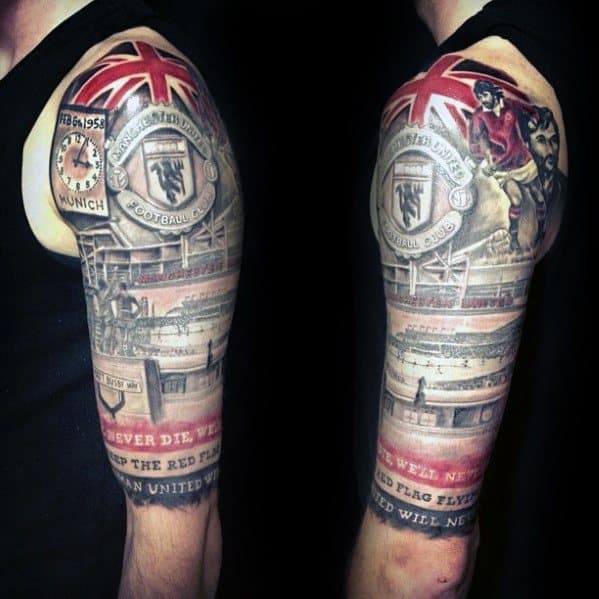 Half Sleeve Soccer Themed Manchester United Tattoos For Males