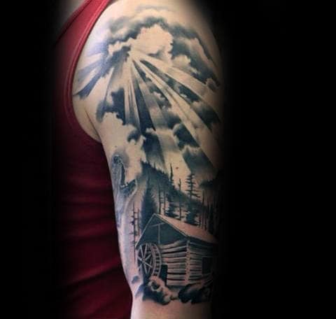 Half Sleeve Sun Rays And Cabin Guys Tattoo Ideas