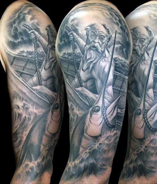 Tattoo of an old man fishing on a stormy sea
