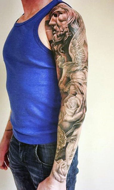 Full-sleeve tattoo with rose, angels and God