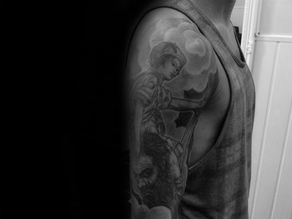 Half Sleeve Tattoo Of David And Goliath On Gentleman