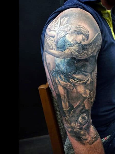 Half Sleeve Tattoo St Micheal On Men