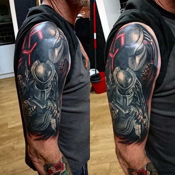 Half Sleeve Tattoo With Alien Vs Predator Themed On Man