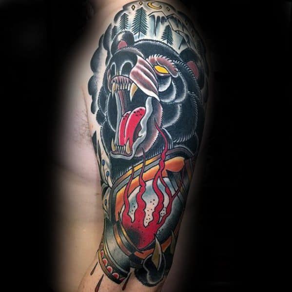 Half Sleeve Traditional Bear Flaming Lantern Male Tattoos