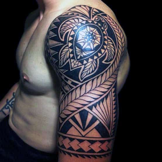Half Sleeve Tribal Turtle Polynesian Male Tattoo Design Ideas