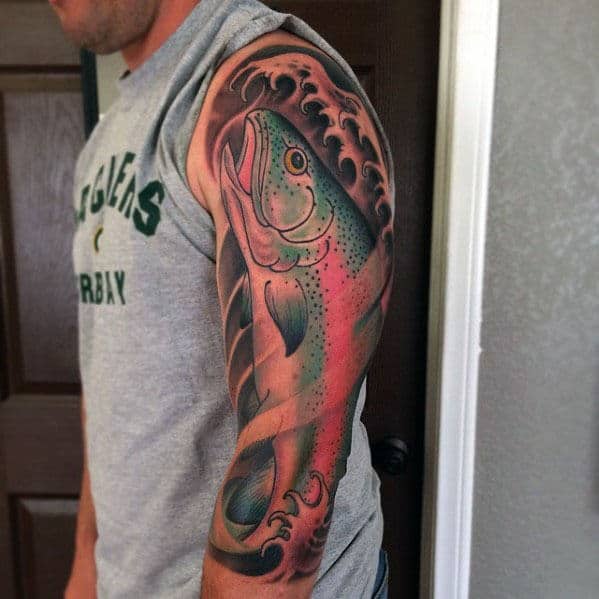 Half Sleeve Trout Tattoo Inspiration For Men
