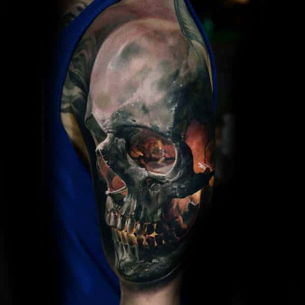Half Sleeve Unbelievable 3d Glowing Skull Mens Realistic Tattoo Designs