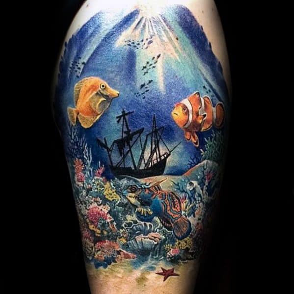 Vibrant underwater tattoo with a sunken ship, tropical fish, sea turtle, coral reef, and rays of sunlight filtering through the ocean.