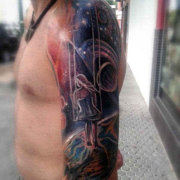 Half Sleeve Universe Girl Swinging In Space Tattoo For Men