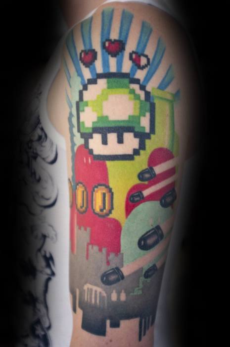 Half Sleeve Video Game 8 Bit Themed Tattoos For Gentlemen