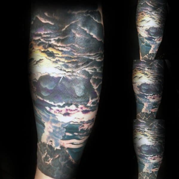 Half Sleeve Volcano Male Tattoo Designs