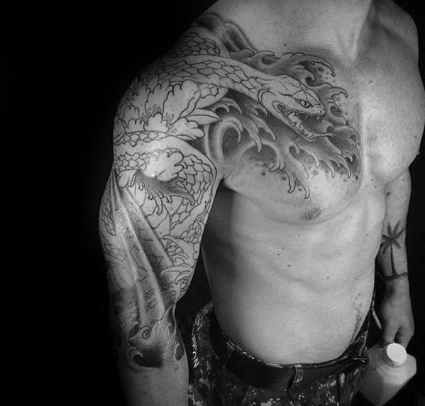Half Sleeve Water Waves Creative Japanese Snake Tattoos For Men