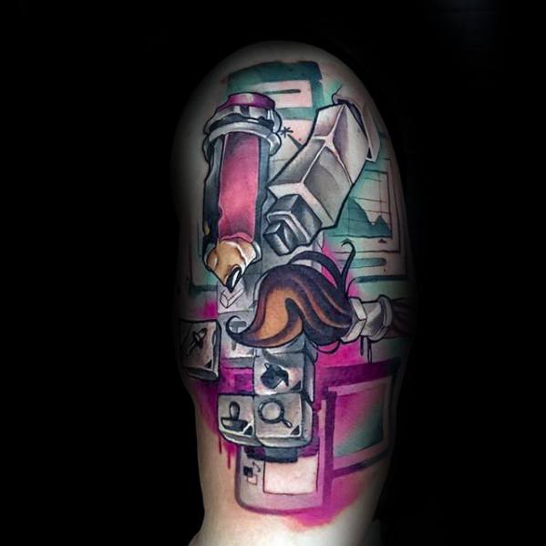 A vibrant tattoo featuring a pencil intertwined with a whimsical moustache and striking geometric shapes, elegantly displayed on an arm