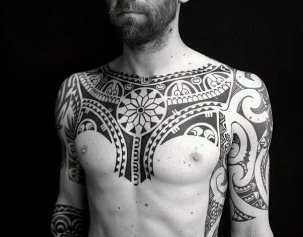 Half Sleeve With Chest Male Polynesian Tribal Tattoo