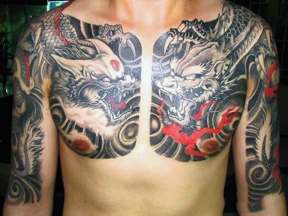 Half Sleeve With Chest Piece Chinese Dragon Tattoo On Male