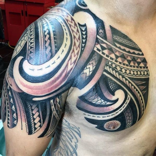 Half Sleeve With Chest Polynesian Awesome Tribal Guys Tattoos
