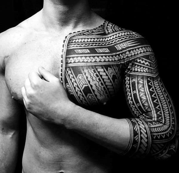 Half Sleeve With Chest Tattoo On Male Samoan Tribal