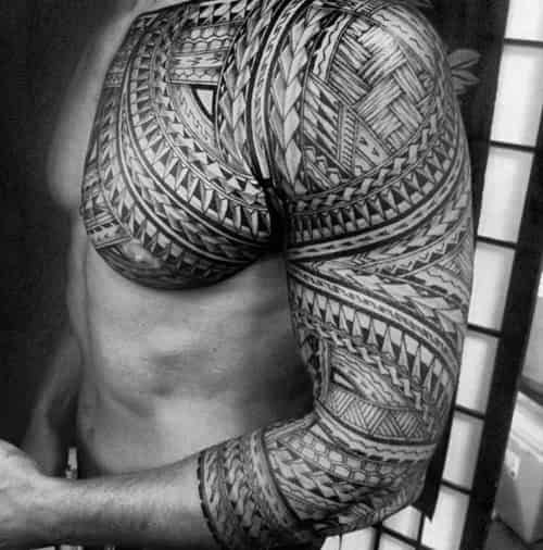 Half Sleeve With Upper Chest Polynesian Tribal Tattoos For Gentlemen