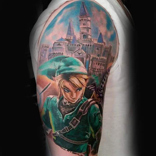 Half Sleeve Zelda Castle Mens Tattoo Ideas