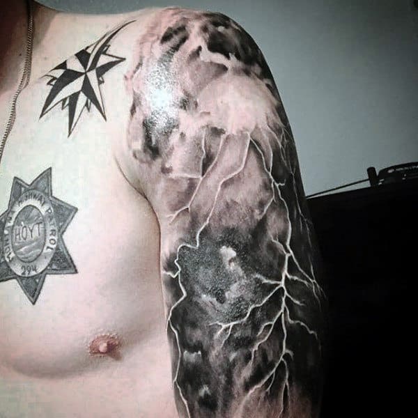 Half Sleve Cloud And Lightning Tattoo For Men