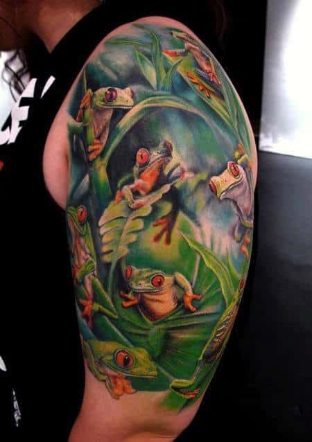 Half Sleve Frog Themed Tattoo On Gentleman