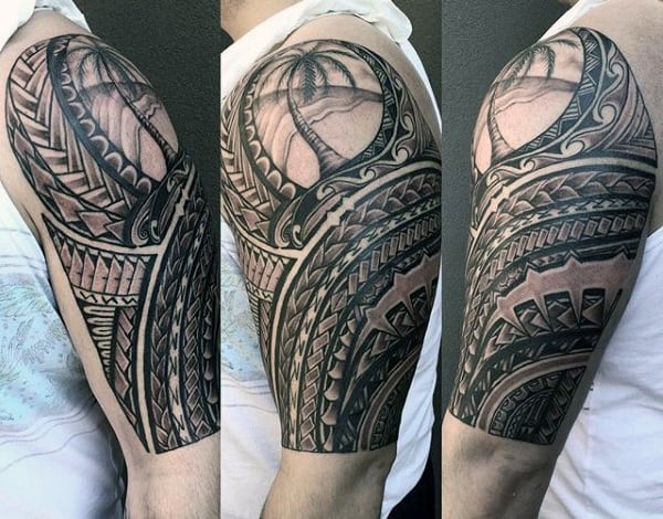 Intricate Polynesian tattoo sleeve on a person’s arm with geometric patterns