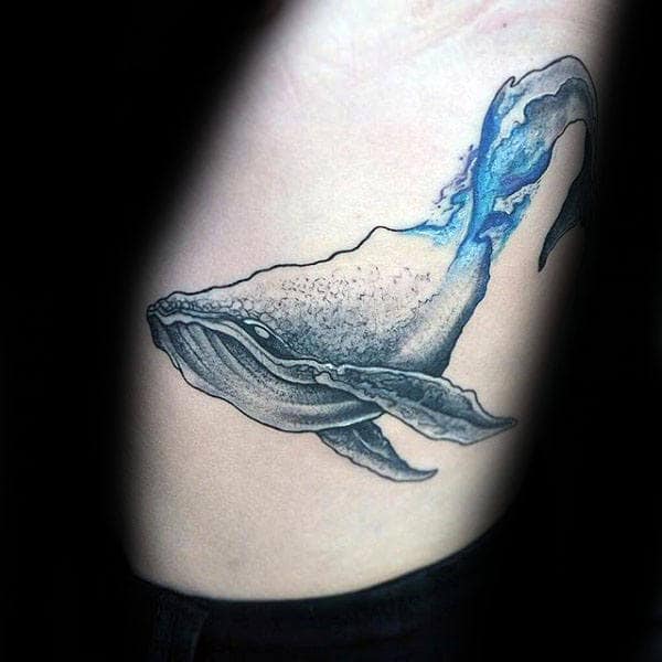 Half Watercolor Waves Whale Mens Back Tattos