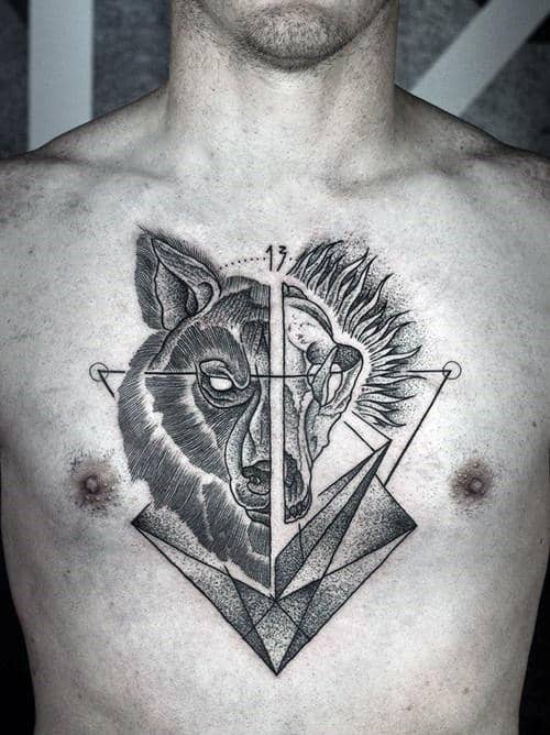 Half Wolf Half Skull Guys Geometric Middle Of Chest Tattoo Ideas