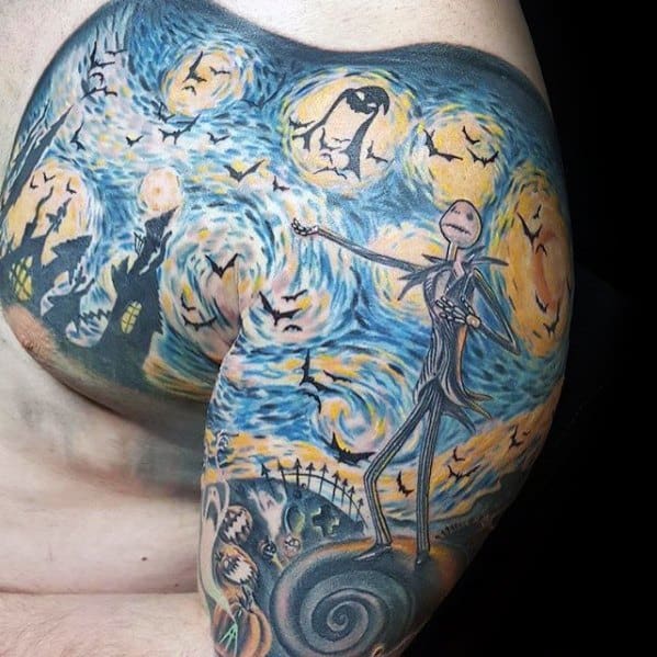 Halloween Themed Guys Starry Night Chest And Half Sleeve Tattoo