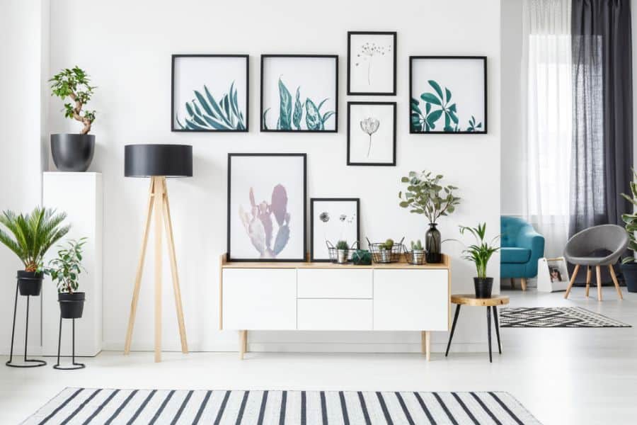 modern living space with plants and framed wall art