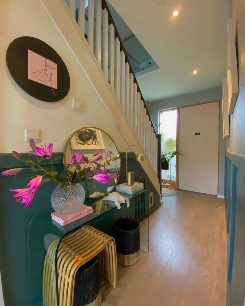hallway green wall paneling glass desk