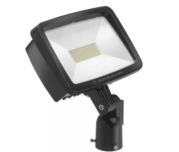 Adjustable outdoor LED floodlight with a black casing and bright illumination panel.
