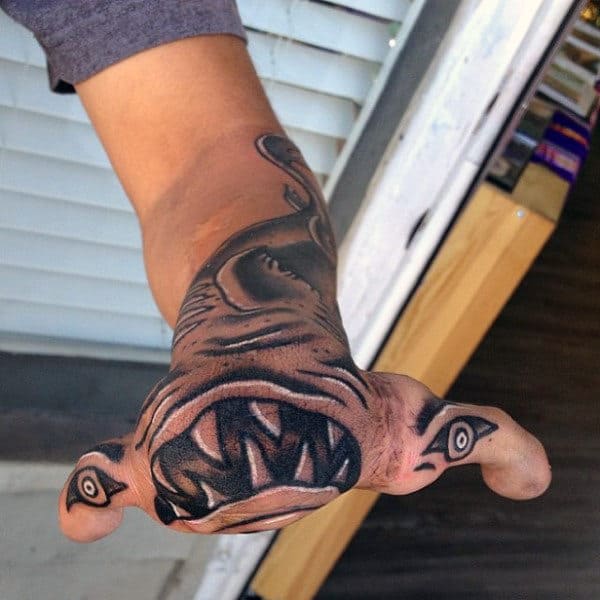 Hammerhead Shark Teeth Hand Tattoo For Men