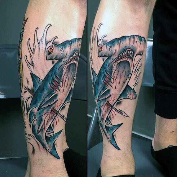 Hammerhead Shark With Spear Mens Leg Tattoo