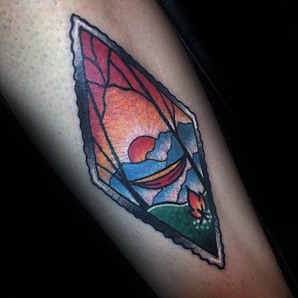 Hammock In Nature With Campfire Mens Small Outer Forearm Tattoo
