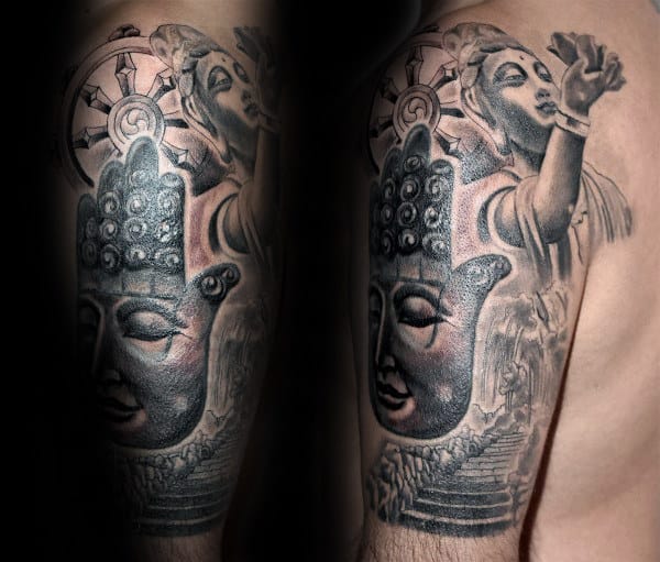 Hamsa Dharma Wheel Mens Half Sleeve Tattoos