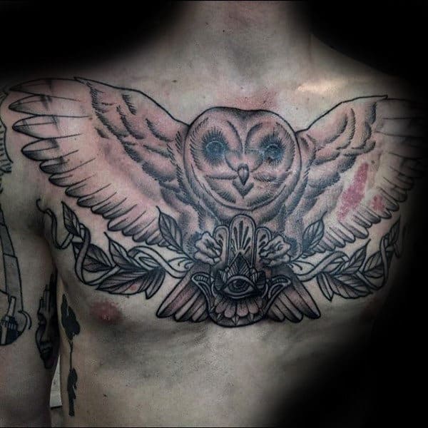 Hamsa With Barn Owl Mens Upper Chest Tattoo