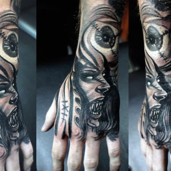 Hand And Wrist Vampire Tattoo Design On Man
