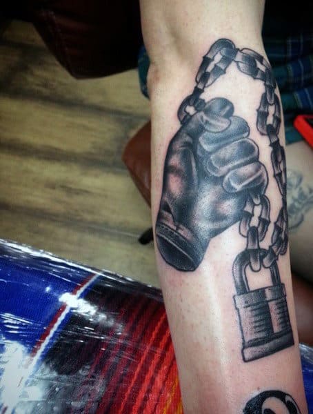 Hand Chain Lock Tattoo On Males On Inner Forearm