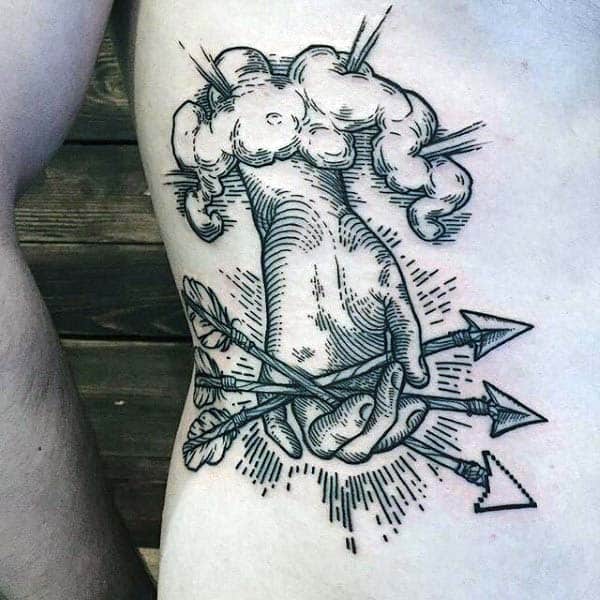 Hand From Cloud Holding Three Arrows Archery Mens Tattos On Rib Cage Side
