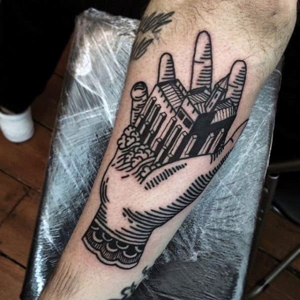 Hand Holding Castle In Palm Mens Tattoo